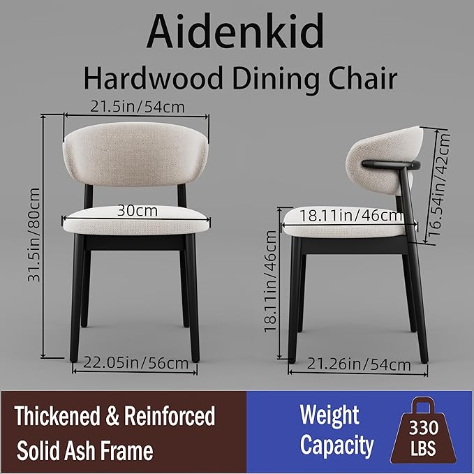 Set of 2 Solid Ash Wood Dining Chairs, Upgraded Reinforced Zero-Wobble Frame, Mid-Century Modern Side Chairs with Ergonomic Curved Backrest & Adjustable Floor Protectors (K-Black, Set of 2)