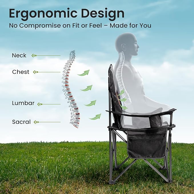 Oversized Camping Chair Heavy Duty 500LB - Portable Folding Chair with Cooler Bag, Cup Holder & Waterproof Phone Case for Adults, Beach, Hiking, Backyard (Black & Gray, 2 PCS)