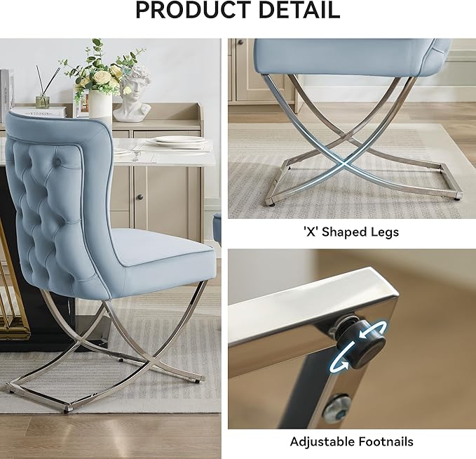 WUTUTUEE Luxury Velvet Dining Chairs, Tufted Upholstered Armless Accent Chairs with Silver Metal X-Legs, Modern Glam Dining Room Chair Set of 4, Light Blue