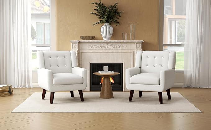 Accent Chairs Set of 2, Mid-Century Modern Upholstered Living Room Armchair, Comfy Linen Fabric Single Reading Arm Chair with Tufted Back and Wood Legs for Bedroom, Club (2, Beige)