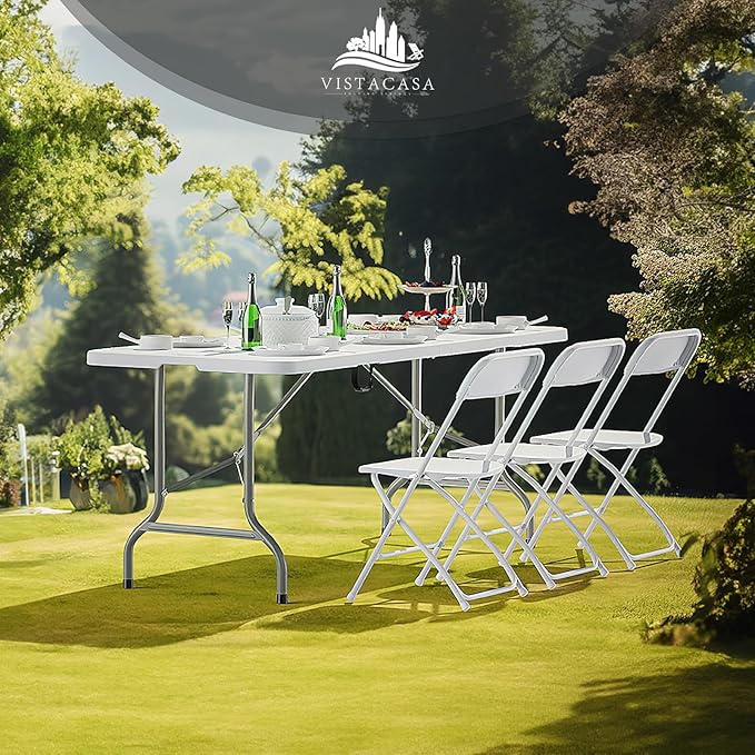12 Pack White Plastic Folding Chair, Indoor Outdoor Portable Stackable Commercial Seat with Steel Frame 350lb. Capacity for Events Office Wedding Party Picnic Kitchen Dining