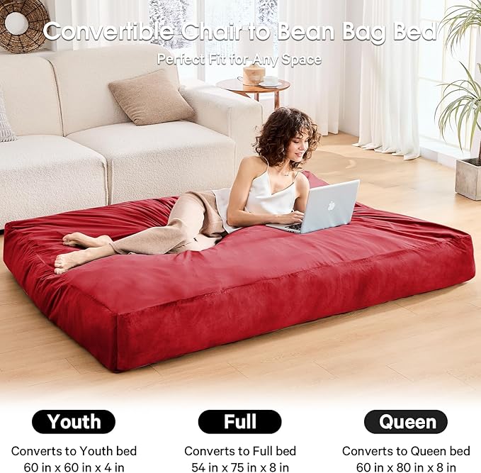 Bean Bag Chairs for Adults - Giant Bean Bag Chair Convertible Bean Bag Bed - Beanbag Chair with Micro Fiber Cover/Furniture Foam Filler - Floor Couch Sofa in Bedroom Dorm Room - Queen Red