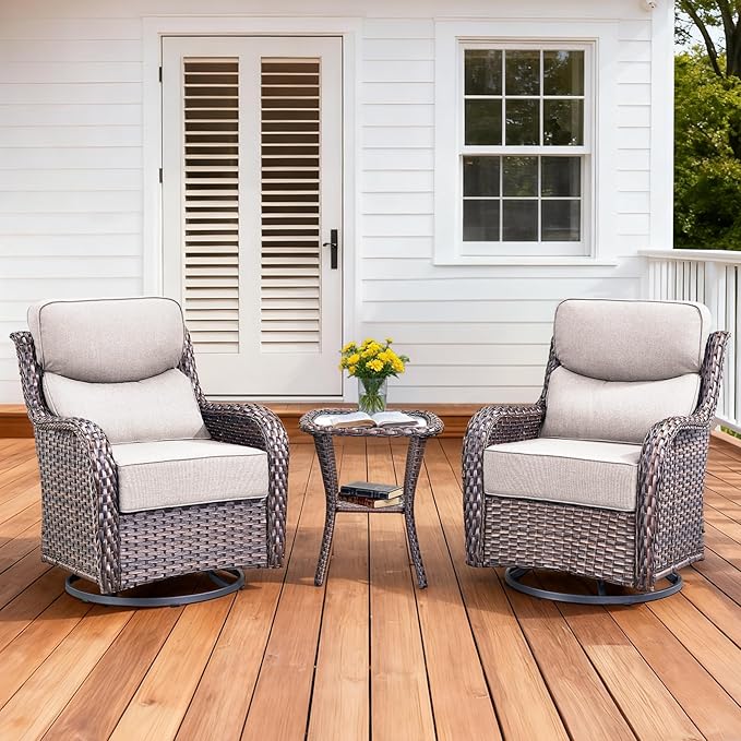 Pugire Luxury Outdoor Swivel Rocker Patio Chairs Set of 3, High Back Swivel Patio Chairs with Side Table & 6-Inch Thick Cushions, Wicker Outdoor Bistro Set for Porch, Yard, Deck, Poolside, Brown/Beige