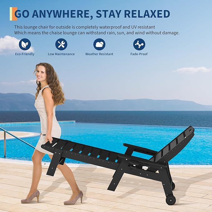 GarveeLife Outdoor HDPE Chaise Lounge with Rolling Wheels, Oversize HDPE 5-Position Pool Lounge Chairs, Pool Lounges Chairs