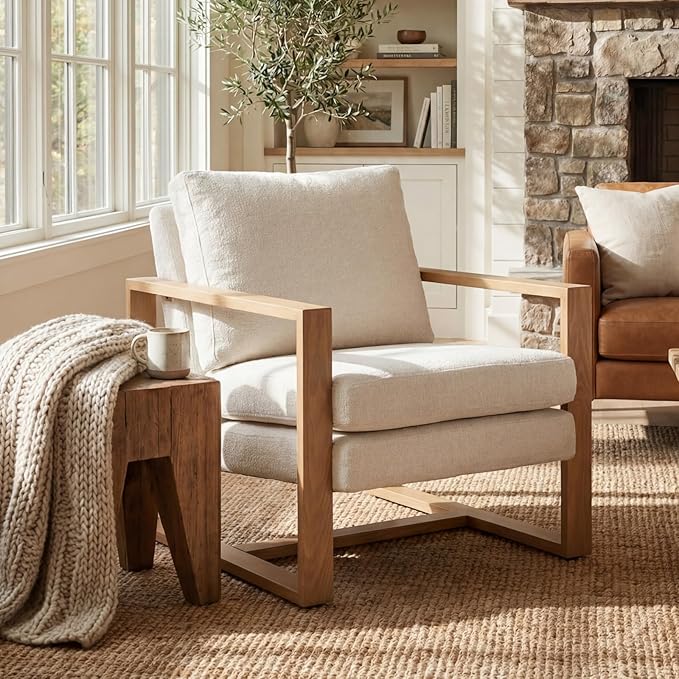 Modern Linen Accent Chair for Living Room Bedroom Mid Century Armchairs with Metal Frame, Upholstered Office Accent Chairs Comfy Waiting Room Chairs with Metal Frame, Beige