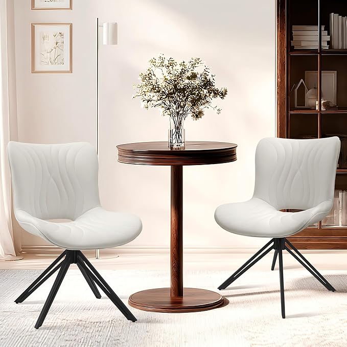 VATROS Dining Chairs Set of 2, 360° Swivel Upholstered Mid-Century Modern Kitchen Dining Room Chairs, Armless Faux Leather Accent Side Chair with Padded Back, Metal Legs for Living Room Bedrooms White