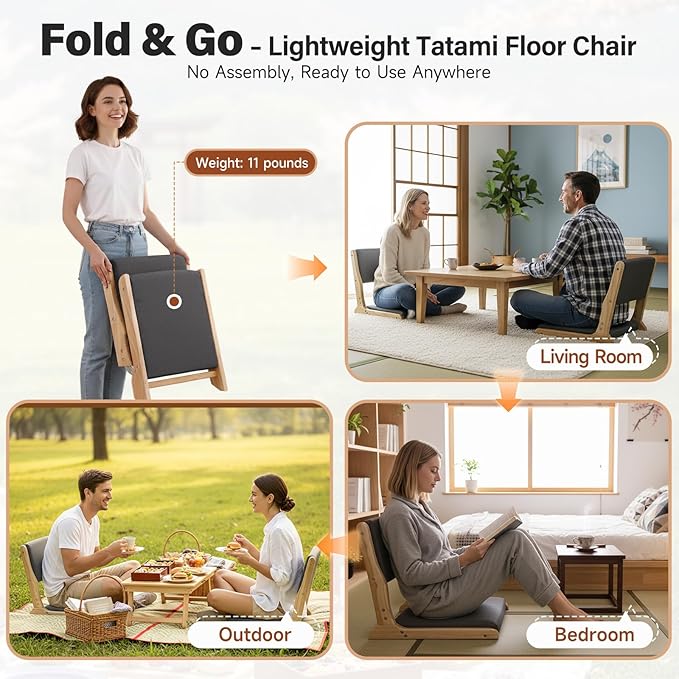 Tiita Foldable Tatami Chair, Japanese loor Chair, Wood Legless Back Rest Chairs with Cushion, Accent Meditation Floor Chairs Bay Window, Wood Dark Grey
