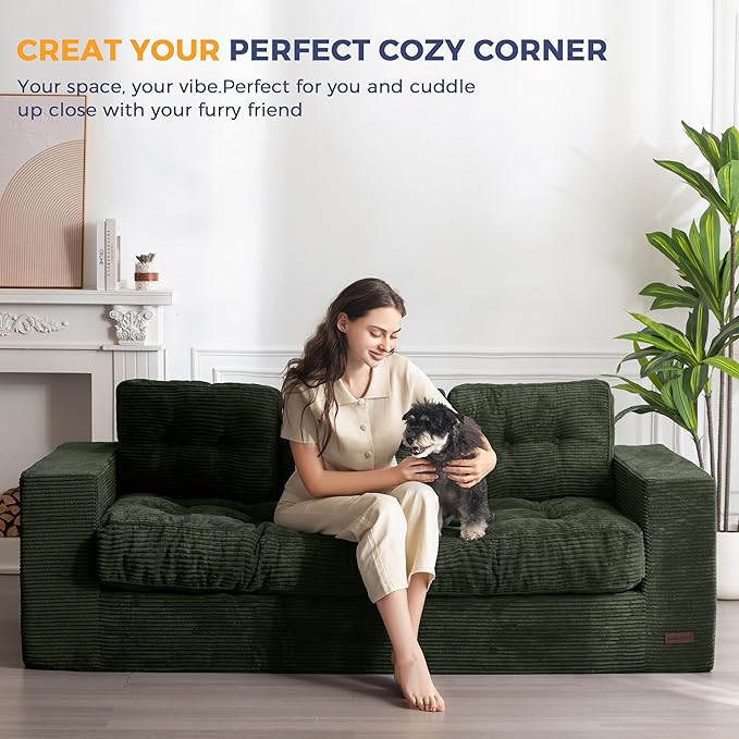 MAXYOYO 3 Seater Couch for Living Room, Boneless Couch with Tufted Cushion & Backrest, Upholstered Floor Sofa with Armrests, Sofa in A Box, No Assembly Required, Dark Green