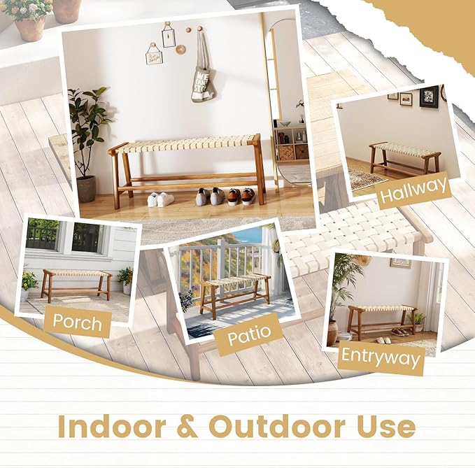 Tangkula Teak Wood Outdoor Bench, Patio Backless Wooden Dining Bench with Weave Seat, Solid Wood Legs, Indoor & Outdoor Wooden Bench for Porch, Backyard, Deck, Entryway (Natural,1)
