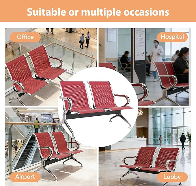 Kinfant 2-Seat Waiting Room Chair - Office Guest Reception Chairs with Ergonomic Backrests, Airport Waiting Bench with Armrests, Metal Waiting Furniture for Hospital, Bank (Dark Red, Set of 4)