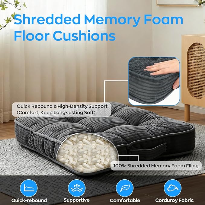 Meditation Floor Pillow Large Square Floor Cushions for Adults 22x22+4” Thicken Floor Sitting Memory Foam Pillows Seating Tufted Corduroy Seat Cushions Machine Washable for Yoga Living Room