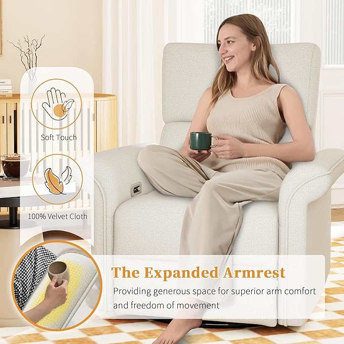 QKFF Power Swivel Rocker Recliner Chair for Nursery, Upholstered Snowflake Velvet 270°Swivel Glider Rocker Chair with USB Ports, Small Power Recliners for Small Spaces Living Room