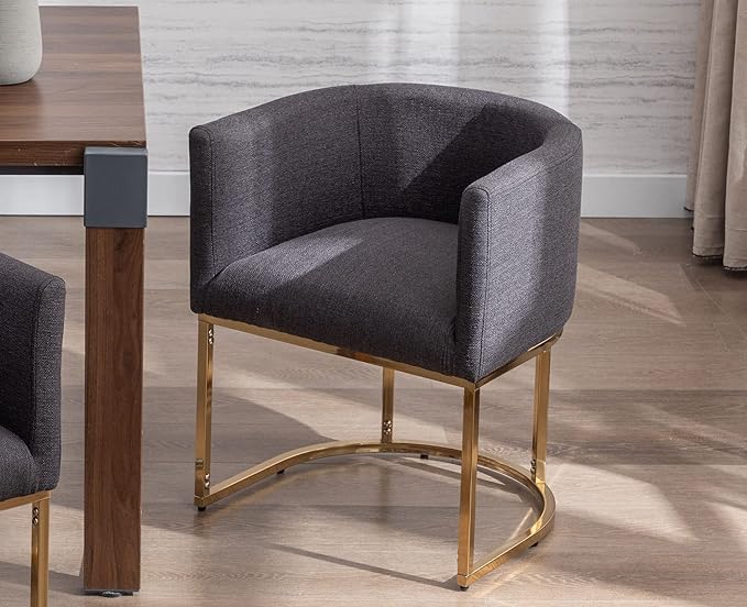 VESCASA Upholstered Dining Chair with Barrel Back, Mid Century Modern Padded Restaurant Chair with Gold Metal Frame for Kitchen, Dining Room, 1PK, Linen Charcoal