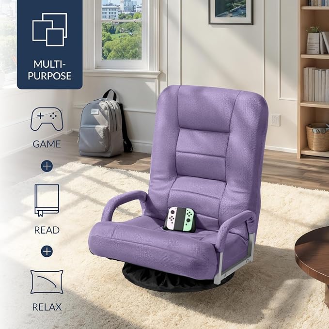 Best Choice Products Swivel Gaming Chair 360 Degree Multipurpose Floor Chair Rocker for TV, Reading, Playing Video Games w/Lumbar Support, Armrest Handles, Adjustable Foldable Backrest - Light Purple