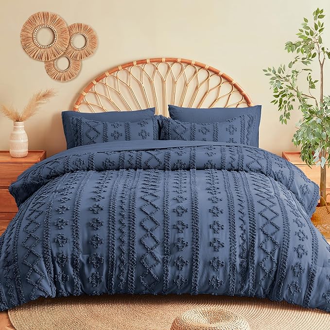 MR&HM King Size Comforter Set Navy Blue, 7 Pieces Tufted Boho Beddding Sets, Farmhouse Style Bed in a Bag with 1 Comforter, 2 Pillow Shams, 2 Pillowcases, 1 Flat Sheet, 1 Fitted Sheet