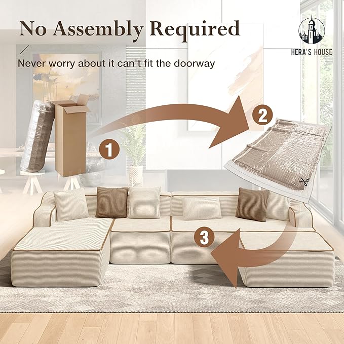 HERA'S HOUSE 134" Cloud Sectional Couch, U-Shaped Modular Upholstered Sofa with Ottoman, Corduroy Boneless Couches with Wide Armrest and 6 Throw Pillows for Living Room, No Assembly Required, Beige