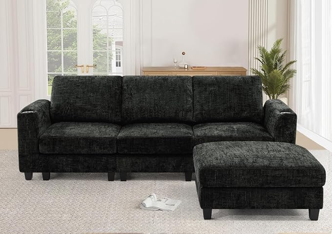 Lesofair 87" Convertible L-Shape Couch with Flexible Ottoman, Soft Sectional Sofa with 2 Built-in Cup Holders, Chenille 3 Seats Sofa with Well-Filled Back Cushions for Living Room, House, Black