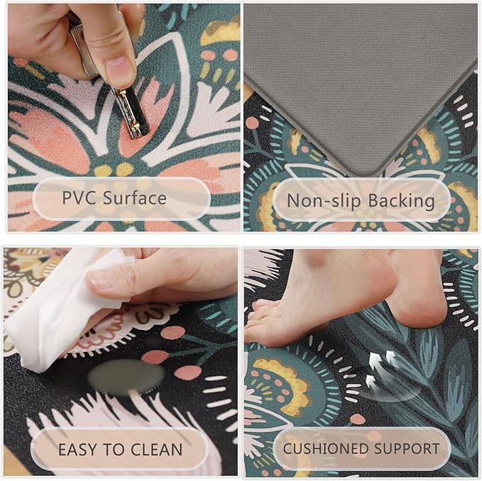 Homcomoda Boho Floral Kitchen Mats Cushioned Anti Fatigue 2 Piece Set Kitchen Rugs and Mats Non Slip PVC Waterproof Kitchen Comfort Mats for Standing Sink Laundry