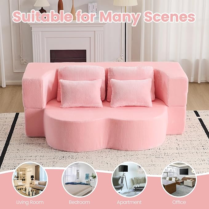 Orynveela Convertible Folding Sofa Bed, 78” Full Size Floor Sleeper Couch, Chenille Full Foam Futon Loveseat for Living Room Bedroom, No Assembly Required (Pink)