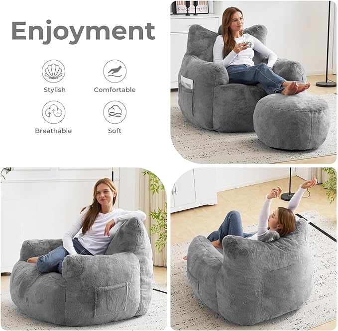 Giant Bean Bag Chair for Adults with Ottoman, Oversized Bean Bag with Filling Plush Fluffy,BeanBag Lazy Sofa Couch with Armrest for Living Room, Stuffed Floor Sofa with Sidepocket for Bedroom, Grey