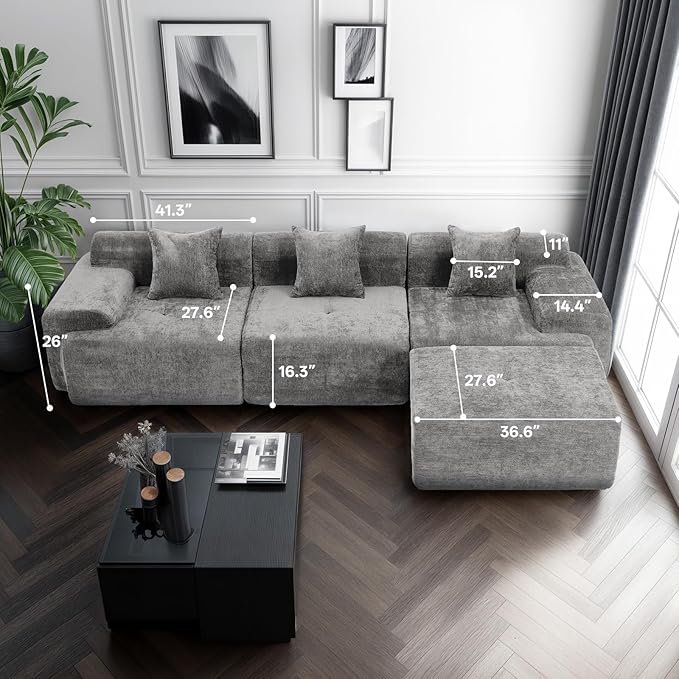 119’’ Modular Sectional Sofa Couch with Chaise, Deep Seat Cloud Couch for Living Room, Modern Chenille Upholstered Sectional with Throw Pillows, Compression Modular Sofa for Apartment or Bedroom, Grey