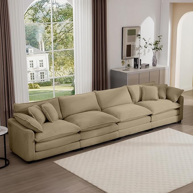 Aoowow Corduroy 4 Seater Sofa Couch,Modern Large Cloud Couches for Living Room,Tufted Modular Sectional Cloud Sofas with Deep Seat,Oversized 4 Seat Sofa Set. (Tan, 4 Seater)