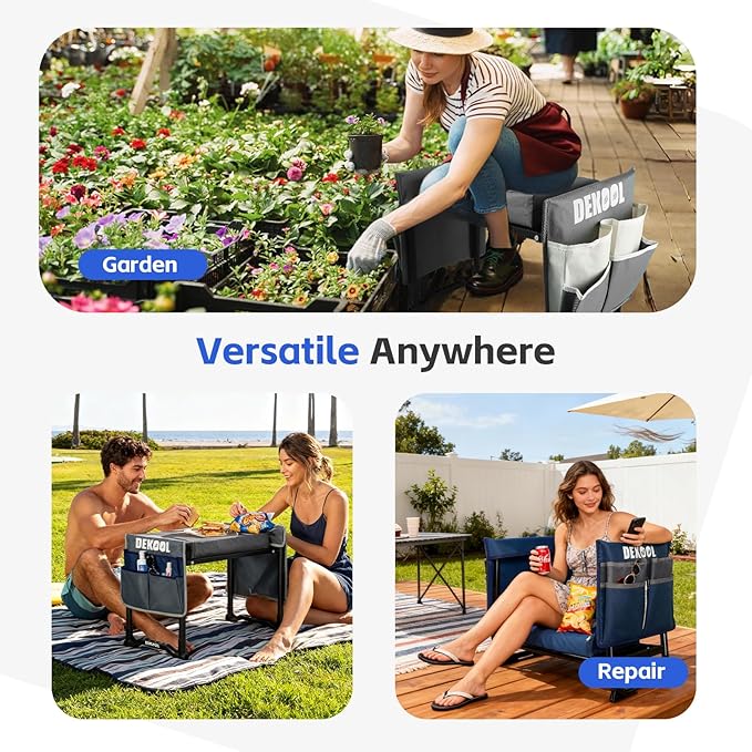 Dekool Garden Kneeler and Seat with Upgraded Wide & 3" Thick Kneeling Pad, Heavy Duty Garden Stool with 2 Large Tool Bags, Portable Bench for Weeding, Gardening Gifts for Women, Men, Seniors, Blue