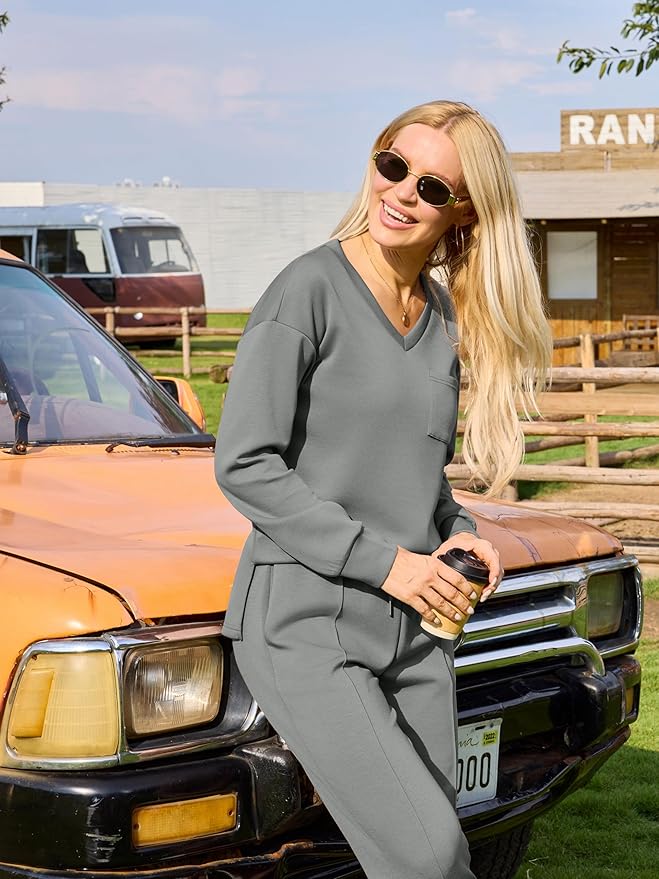 difficort Women's 2 Piece Lounge Sets Casual Travel Airport Outfits Side Slit V-Neck Tops & Wide Leg Pants Matching Set