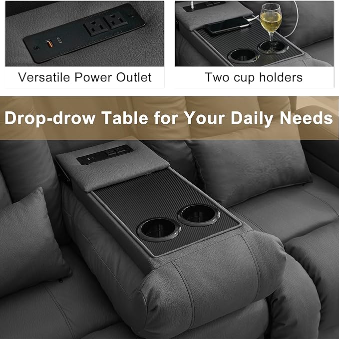 URRED Loveseat Recliner Sofa with Massage and Heat, Power Reclining Loveseat Sofa RV Couch with Console, Home Theater Seating with LED Lights, Bluetooth Speakers, USB, Outlets, Leathaire Gray