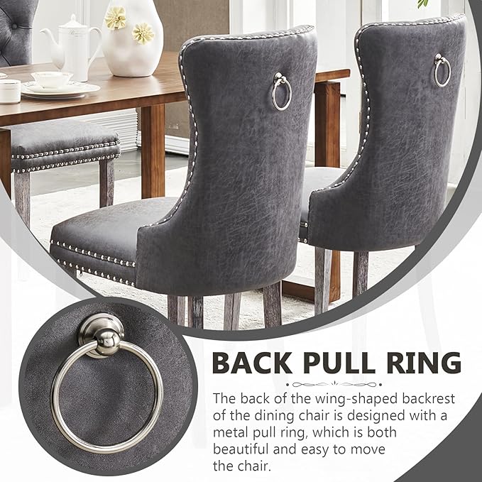 Kiztir Leather Dining Chairs Set of 2, Upholstered Dining Chair with Nailhead Trim and Solid Wood Legs, Luxury Wingback Dining Side Chair for Living Room, Bedroom, Kitchen (Grey)