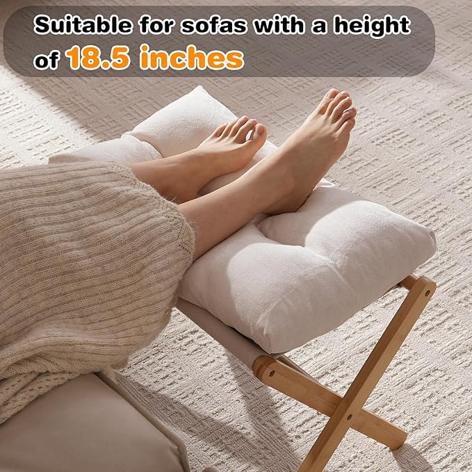 Ottoman Foot Rest- Bamboo Foldable Stool, Foot Stools Small Ottman with Upholstered & X Legs, Folding Stool for Makeup, Bedroom and Living Room (Large Beige)