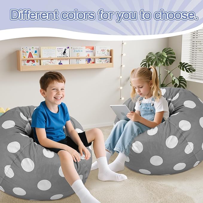 COMAX Bean Bag Chair for Kids, Kid Beanbag Chair Cute, Cotton Canvas Lazy Chair with Shredded Foam Filling, Stuffed Floor Sofa Couch for Boys and Girls, Grey Dots