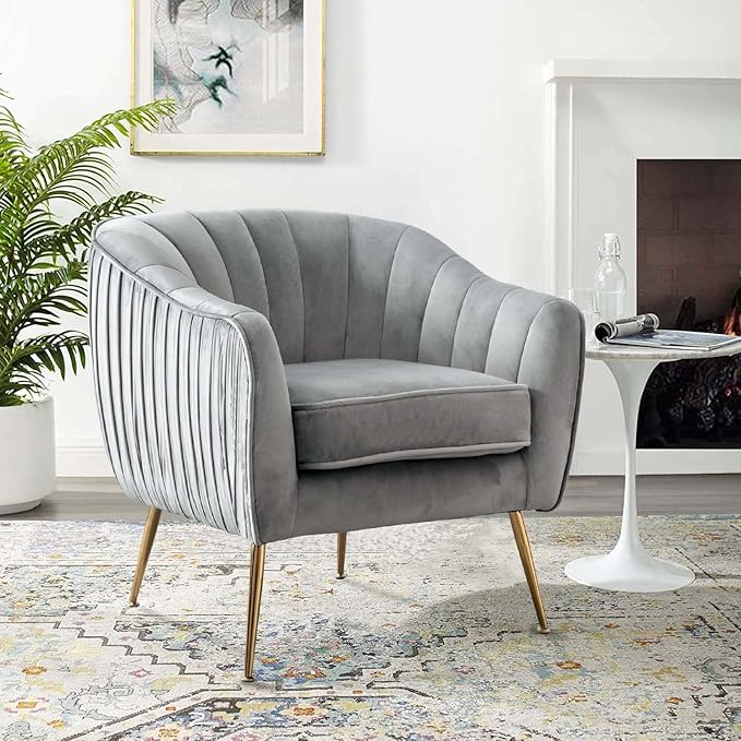Altrobene Velvet Accent Chair, Modern Barrel Chair, Living Room Bedroom Arm Chairs, Golden Finished, Grey