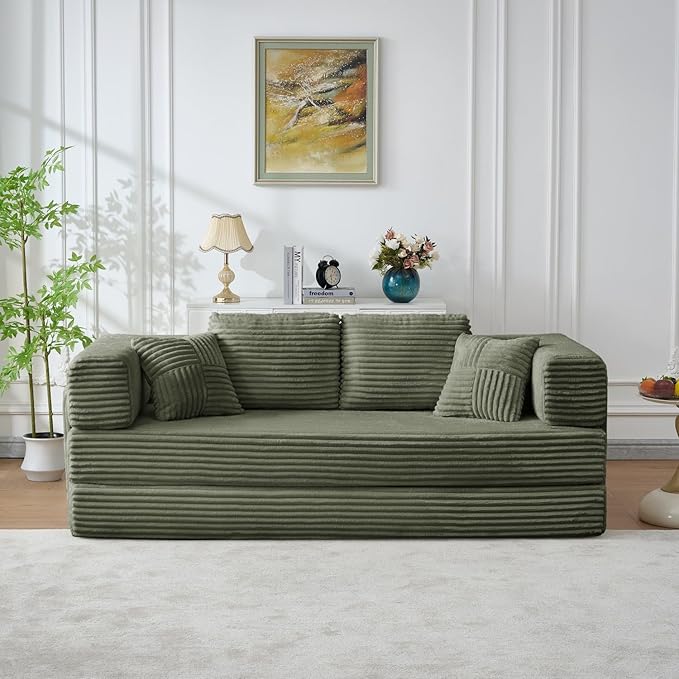 Folding Sofa Bed, Corduroy Loveseat Sleeper with Fixed-Shape Frame, No Assembly Needed Futon Couch, Convertible Floor Sofa Lounge Couch for Living Room, Bedroom, Lounge Studio, Green