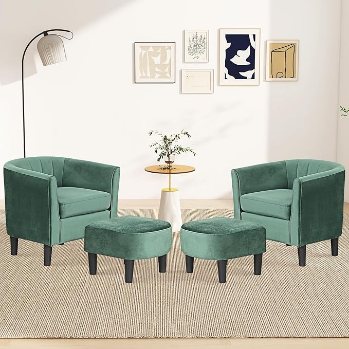 GOFLAME Accent Chair with Ottoman, Modern Velvet Fabric Barrel Chair with Footrest, Curved Backrest, Removable Seat Cushion, Upholstered Club Tub Sofa, Reading Armchair for Living Room, Bedroom, Green