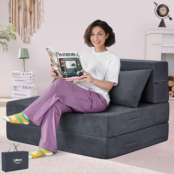 HILERO Folding Sofa Bed, 4 in 1 Convertible Sleeper Chair with Pillow, Twin Memory Foam Fold Out Chair Bed, Modern Floor Futon Sofa Couch Mattress for Living Room/Guest/Apartment, Dark Grey