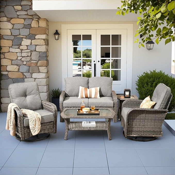 CAODOC 5 Pieces Patio Furniture Set,Outdoor Furniture with Rockers, Rattan Conversation Sets w/Coffee Table, Grey Wicker Light Dark Gray Cushion