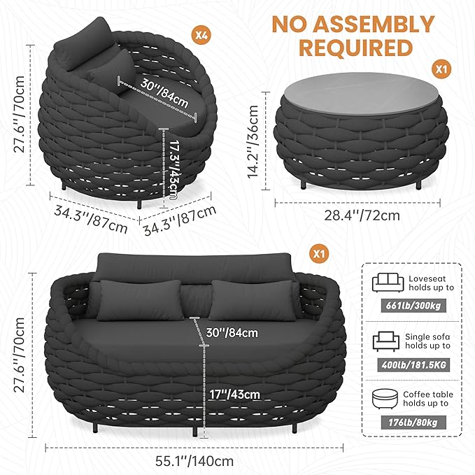 Erotr Rope Outdoor Patio Furniture Set: 6 Pieces Aluminum Porch Conversation Sofa Set - Modern Woven Deck Couch Set Cushioned - No Assembly All Weather for 660lbs Yard Garden Lanai Hotel, Dark Gray