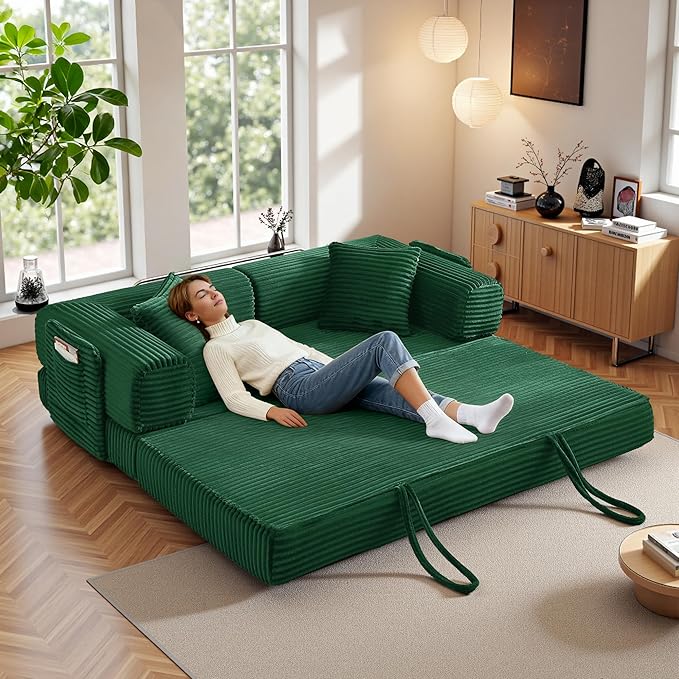 Chorlenimi Boneless Couch Futon Sofa Bed Sectional Couches for Living Room,Cloud Couch with Sleeper Sofa,Sofas for Living Room Oversized Corduroy Upholstered (Green, 81 Inches (with Iron Frame))