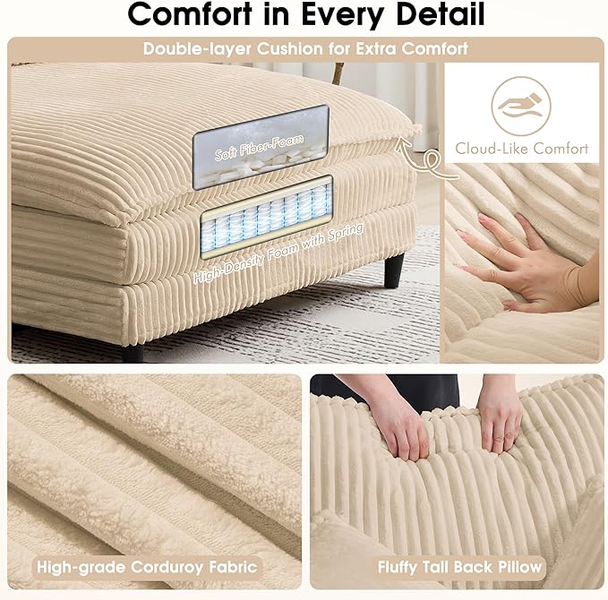 54.8" W Oversized Chaise Lounge Chair Indoor with 5-Position Adjustable Backrest, Corduroy Sleeper Sofa Bed with 3 Pillows, Modern Cloud Couch Chair for Living Room, Bedroom, Khaki