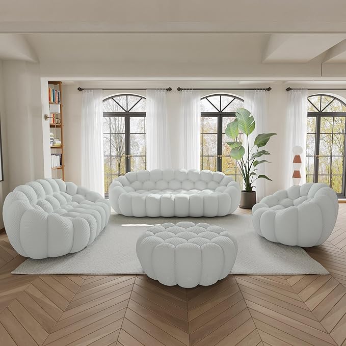 WJShome Modular Sectional Sofa,Bubble Couch Set,Modern Upholstered Bean Bag Sofa Couch with Ottoman,Mesh Fabric Lazy Floor Chair Living Roon Sets (Light Grey, 98.43"+79"+48"+42")