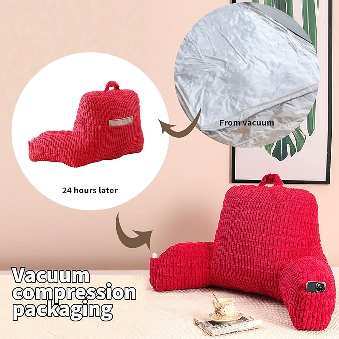 PAJEO Reading Pillow for Sitting in Bed, Large Backrest Reading Pillow with Arm Rest,Back-Rest Support Cushion for Sit Up on Couch, Sofa, and Floor, Dorm Essentials (Red Corduroy, Standard(17"))