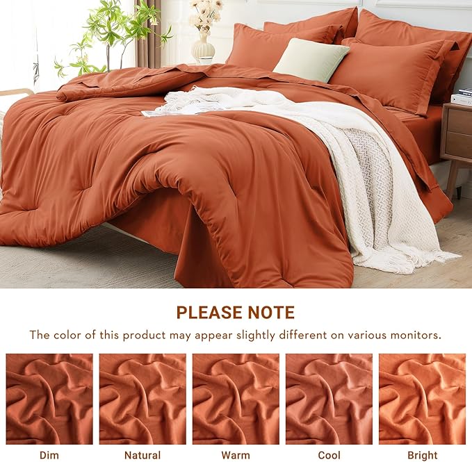 MUXHOMO 5 Pieces Twin Comforter Set, Soft Bed in a Bag Twin Size, All Season Bedding Set with Comforter, Flat Sheet, Fitted Sheet, Pillowcases & Shams, Burnt Orange