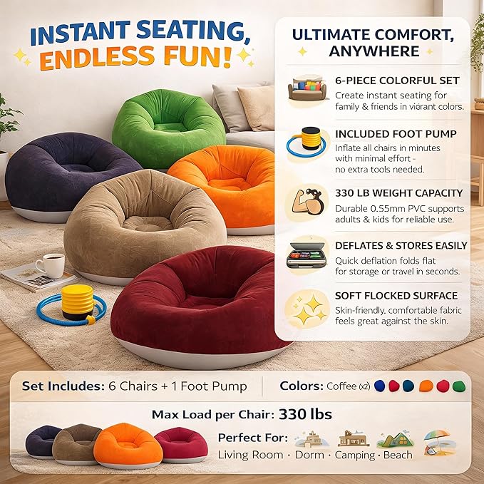 DYRABREST 6 Pcs Bean Bag Chairs for Adults, Inflatable Chairs with Air Pump, Folding Blow Up Couch, Flocking Portable Lazy Sofa for Movie Night, Living Room, Camping, 331 lbs Load-Bearing Capacity