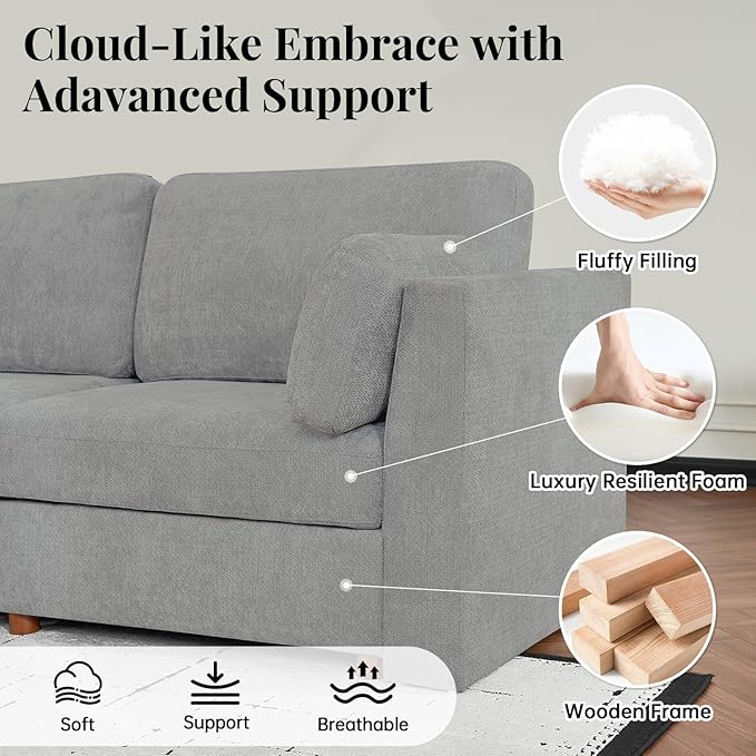 CUGOAO 159'' Modular Sectional Sofa, Oversized L-Shaped Sectional Couch with Ottoman, Deep Seat Chenille Cloud Couch, Mordern Upholstered Couches for Living Room, Apartment, Office, Grey