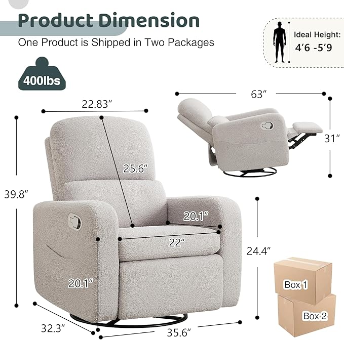 AEMEIOS Swivel Rocker Recliner, Oversized Teddy Manual Nursery Glider Rocking Recliner with Removable Cushion, Upholstered Boucle Swivel Reclining Chair for Nursery Living Room Bedroom, Teddy Gray