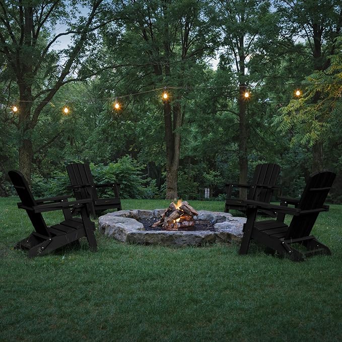 Folding Adirondack Chair 4 Pack, HDPE All-Weather Fire Pit Chairs, Plastic Adirondack Chairs with 2 Cup Holder, Outdoor Lawn Chair for Patio Garden (Black)