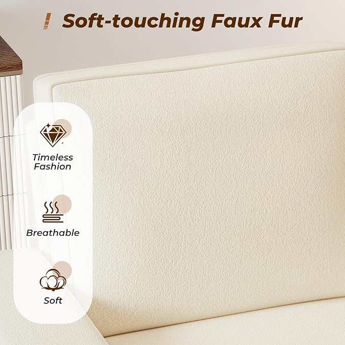 Furnimart 4-Seater Sectional Sofa and Couch Set Teddy Fabric, Loveseat & 2PC Chairs with USB Charger and Cup Holder, Small Living Room Furniture Set for Apartment, Tiny Homes and Lofts, 3PC-Beige