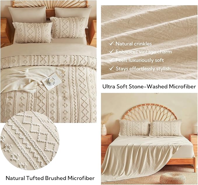 MR&HM King Size Comforter Set Beige, 7 Pieces Tufted Boho Beddding Sets, Farmhouse Style Bed in a Bag with 1 Comforter, 2 Pillow Shams, 2 Pillowcases, 1 Flat Sheet, 1 Fitted Sheet for All Seasons