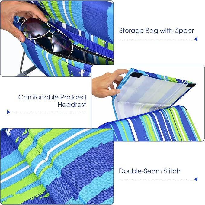 Tangkula 3-Piece Beach Chairs Set for Adults, Lightweight Lawn Lounge Chairs with 5 Adjustable Recline Positions, Zipper Pocket, Backpack 2 Pack with Folding Side Table (Stripe)